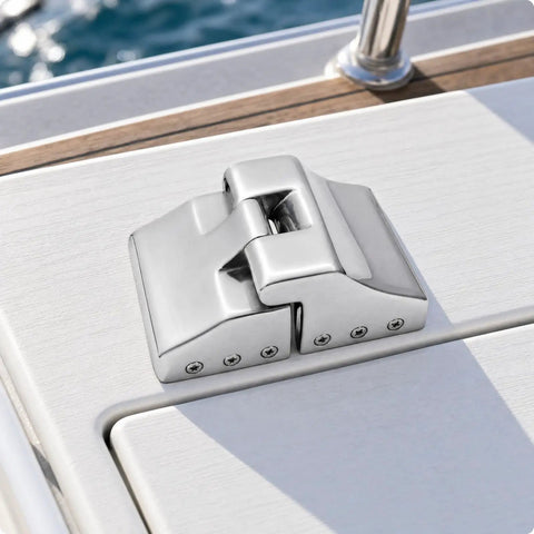 316 Stainless Steel Heavy Duty Hinge With Broad Mounting Plates Polished Finish For Sunroom Roofs Rv Campers Marine Builds Home Reno installed on boat.