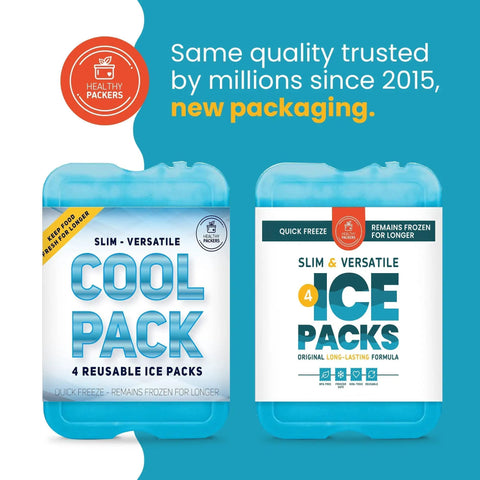 Slim Reusable Ice Packs For Coolers And Lunch Boxes Set Of 4 Long Lasting Freezer Packs with hard gel technology packaging.
