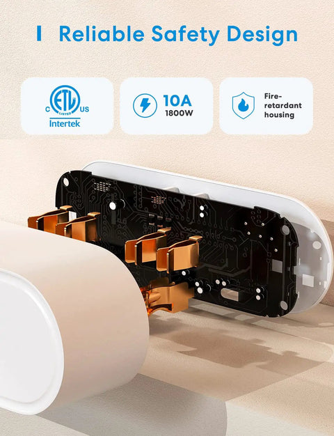 Internal view of WiFi Dual Smart Plug 2 Pack With 2 Outlets Each showing fire-retardant housing and circuit board.