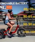 Beast Of A Ride Folding Three Wheel Electric Trike For Adults With Peak 1400W 90 Mile Range 20Ah 48V Battery UL2849 Certified Step Through Frame Differential Parking Brake Red Easy Fold, side view