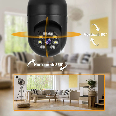 Plug And Play 1080P Wireless Security Cameras Two Pack No Drill No Wires E26 E27 Socket Mount Tuya Smart CCTV PTZ WiFi shown in a living room