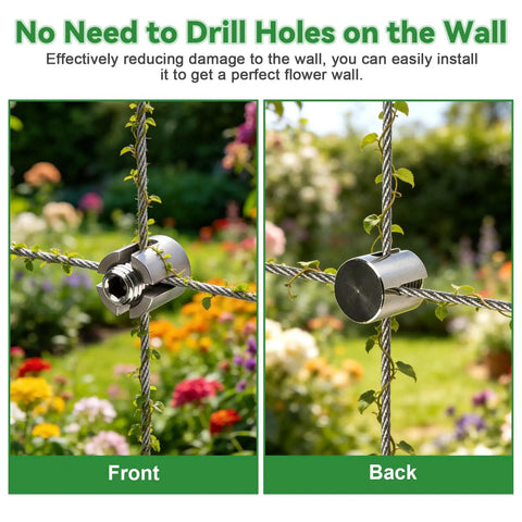 Front and back views of heavy duty no drilling cable cross clamps for 1/8 inch wire rope in a garden trellis setup