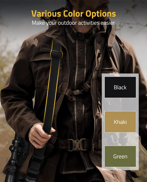 Person holding a two point rifle sling with length adjuster and upgraded metal hooks, durable nylon construction, black.