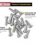 M2 X 10mm Pan Head Machine Screws 50 Pack Phillips Drive 304 Stainless Steel fully threaded fasteners on white background.