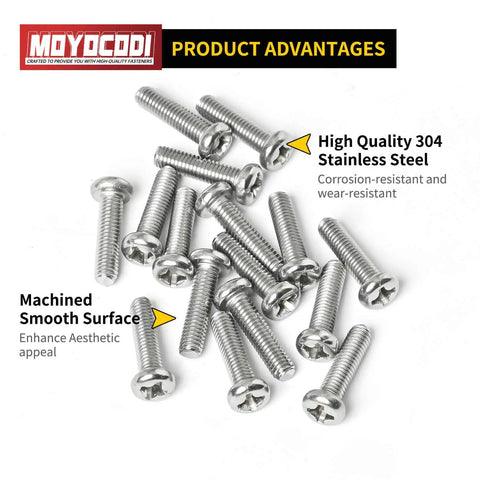 M2 X 10mm Pan Head Machine Screws 50 Pack Phillips Drive 304 Stainless Steel fully threaded fasteners on white background.