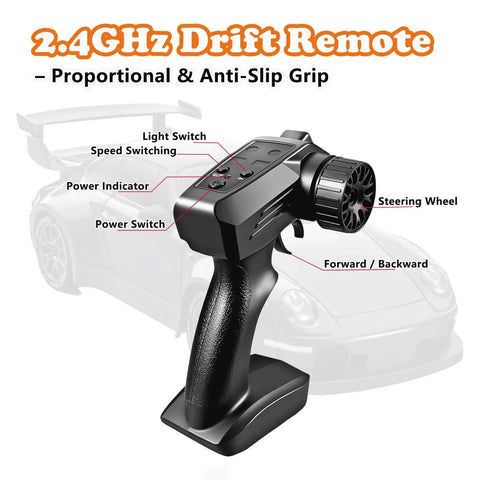 2.4GHz drift remote with controls for 1:24 Scale RC Drift Car With 4WD And LED Lights Realistic Night Drifts Drifting Tires