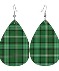 Totally Fire Green Grid Teardrop Faux Leather Dangle Earrings With Silver Plated Hooks, plaid design, lightweight statement jewelry.