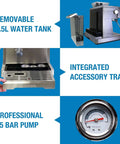 Barista Grade Home Espresso Machine With 9 Bar Pressure Automatic Coffee Maker Manual Tamper, showing water tank and 15 bar pump