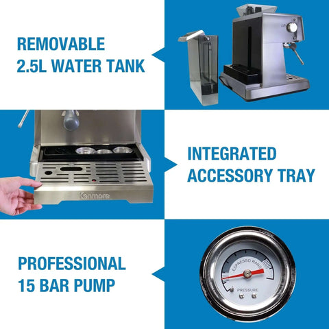 Barista Grade Home Espresso Machine With 9 Bar Pressure Automatic Coffee Maker Manual Tamper, showing water tank and 15 bar pump