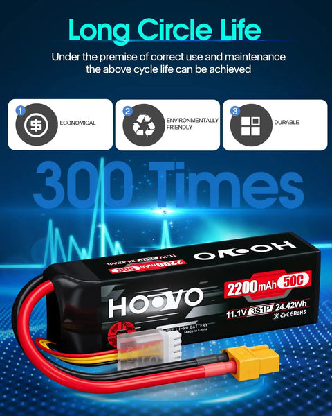 Beefy 3S 11.1V 2200mAh 50C LiPo Battery With XT60 Connector, highlighted lifespan and features for RC models