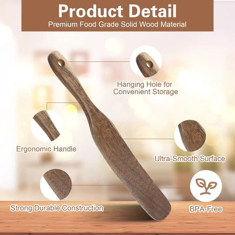 Wooden Skinny Spurtle 10 Inch For Sourdough Starter And Bread Mixing with ergonomic handle and hanging hole detail.