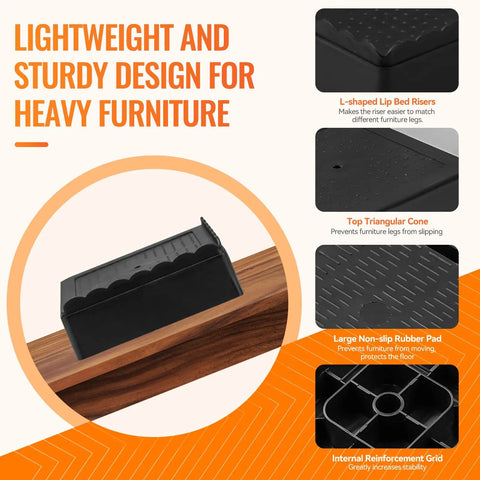 Heavy Duty Adjustable Bed Risers Set 4 Pack for Couch, Sofa, Table, Desk, Chair Legs; Features L-shaped lip and non-slip pad