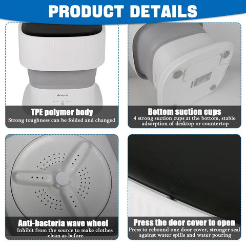 Ultra Portable Mini Washing Machine With Foldable Design And Spin Dryer Lightweight Washer For Travel RV Life Apartments Camping Dorms Perfect For On The Go Underwear Kids Clothes Pets And Small Loads details with TPE polymer body, bottom suction cups, anti-bacteria wave wheel, and door cover press