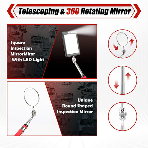 7 Piece Telescoping Magnetic Pickup Tool Set With Extendable LED Flashlight 360 Degree Round And Square Inspection Mirrors