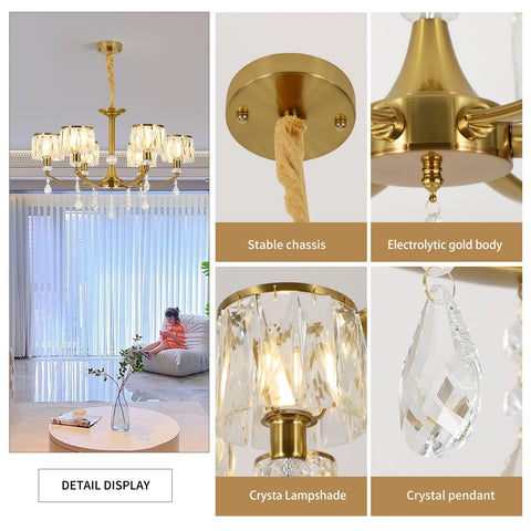 Gold Wagon Wheel Chandelier With 6 Lights, Clear Crystal Shades, Nordic Modern Mid Century Hanging Pendant Light Fixture, E12 Base