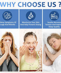 Comparison of benefits showing a woman sneezing, a person washing face, and a woman sleeping beside 'Why Choose Us?' text.