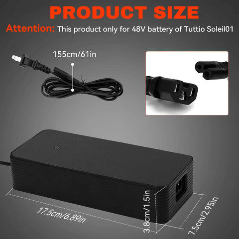 54.6V 2A Battery Charger For Tuttio Soleil01 Drit Bike And Tutto Tutti Soleil01 Electric Bikes UL Certified dimensions and plug
