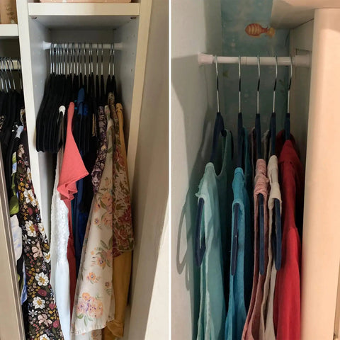 Two Pack Ultra Slim Tension Curtain Rods 5.25 To 7.5 Inches Adjustable No Drill No Tools Required For Narrow Windows And Cupboard Dividers White Ideal For Tiny Spaces Quick Install In Seconds visible in cupboard holding clothes.