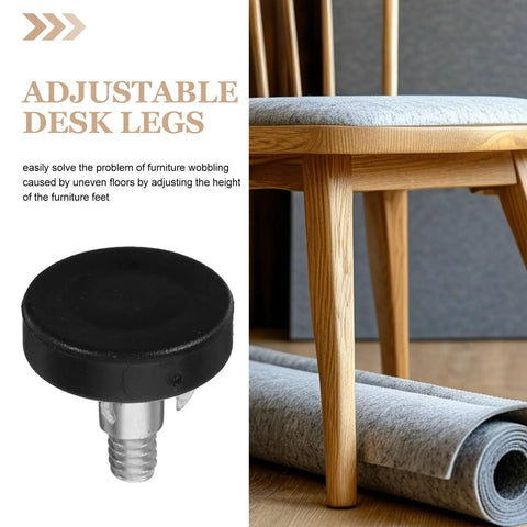 Thread Adjustable Furniture Leveling Feet For Cabinets And Tables With Metal And Plastic Construction, Height Adjustable Design For Home Or Office Setup, Versatile Screw On Levelers For Chairs Desks Tables And Cabinets. Black threaded leveling foot on chair leg for uneven floors