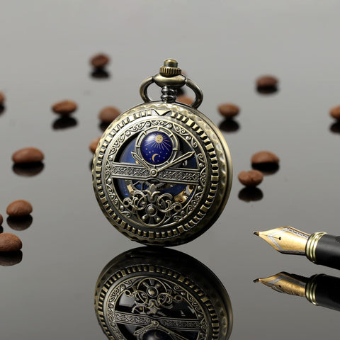 Dope Mechanical Pocket Watch With Skeleton Sun And Moon Dial Bronze Case Chain And Box Included Vintage Cosmos Design For Men And Women Elegant Timepiece For Everyday Wear