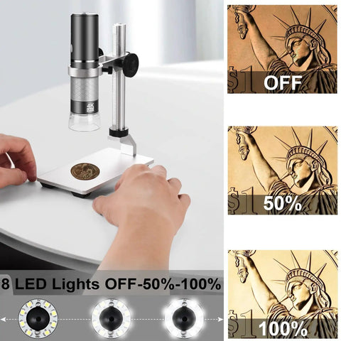 4K Digital Microscope With Metal Pro Stand, 3840x2160 Resolution USB Scope, 50X To 1000X Magnification, Compatible With iPhone Android Tablets Mac Windows Linux Chrome, coin close-up on stand