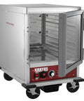 Top Shelf Pro Kitchen Beast Half Size Holding And Proofing Cabinet UL and NSF certified, stainless steel, mobile design with an open door.
