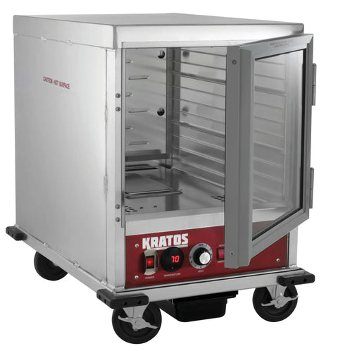 Top Shelf Pro Kitchen Beast Half Size Holding And Proofing Cabinet UL and NSF certified, stainless steel, mobile design with an open door.