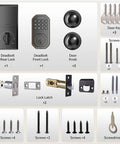 Dead Simple Keyless Entry Door Lock With Knob Set In Classic Oil Rubbed Bronze includes locks, knobs, keys, latches, and screws.