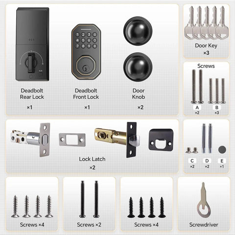 Dead Simple Keyless Entry Door Lock With Knob Set In Classic Oil Rubbed Bronze includes locks, knobs, keys, latches, and screws.