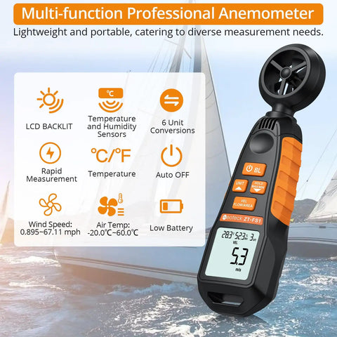 Anemometer Wind Meter With Backlit Display Pro Grade Handheld Gauge That Measures Wind Speed Airflow Humidity Temperature Plus Six Velocity Units And Max And Min Readings For HVAC Drone Sailing Fishing And Outdoor Use, black handheld