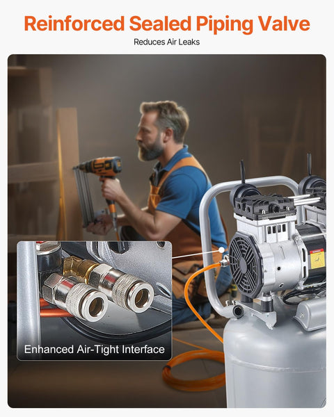 Man using 13 Gallon Air Compressor With 2 HP Motor And Oil Free Tank, Ultra Quiet 66dB Operation, Fast Air Up In Under 3 Minutes, 125 PSI Max.