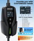 Premium Wall Mounted Level 2 EV Charger 24 Amp 240 Volt With Nema 10-30 Plug display showing charging stats and adjustable current options.