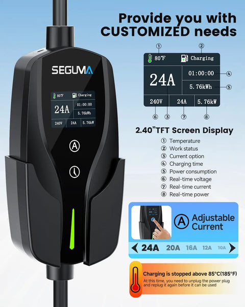 Premium Wall Mounted Level 2 EV Charger 24 Amp 240 Volt With Nema 10-30 Plug display showing charging stats and adjustable current options.
