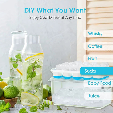 Four Pack Silicone Ice Cube Trays With Lid And Storage Bin Includes Scoop For Effortless Freezer Organization and drinks.
