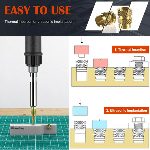 Diagram showing usage of 460 Piece Brass Heat Set Threaded Inserts Kit For Plastic And 3D Printing M2.5 M3 M4 M5 M6 Female Knurled Nuts