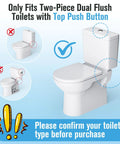Universal 3 Inch Dual Flush Valve And Fill Valve Replacement Kit for 2 Piece Toilets with push button compatibility instructions.