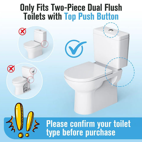 Universal 3 Inch Dual Flush Valve And Fill Valve Replacement Kit for 2 Piece Toilets with push button compatibility instructions.