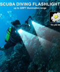 Scuba diver using Beast 400 Lumen Underwater Dive Light for scuba diving and snorkeling, illuminating coral at 328ft, IPX8 waterproof.