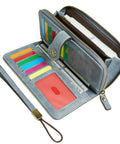 RFID Blocking Vegan Leather Wallet For Women With Large Capacity Card Holder And Phone Clutch Wristlet Purse With Zipper Open
