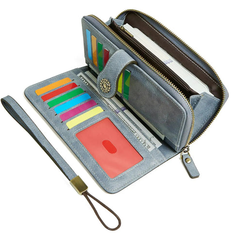 RFID Blocking Vegan Leather Wallet For Women With Large Capacity Card Holder And Phone Clutch Wristlet Purse With Zipper Open