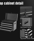 Five Drawer Rolling Tool Cabinet With Detachable Top Box featuring lockable bars, side raised handle, and adjustable drawer slides.