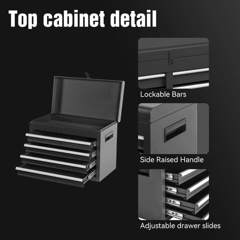 Five Drawer Rolling Tool Cabinet With Detachable Top Box featuring lockable bars, side raised handle, and adjustable drawer slides.