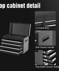 Top view of Boss Level Shop Storage Roll This Five Drawer Tool Chest showing lockable bars, side handle, and adjustable drawer slides.