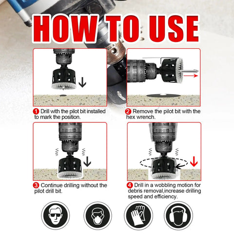 Instruction guide for 4 Inch Diamond Hole Saw Kit With Pilot Drill Bit, Serrated Brazed Diamond Core Drill Bits For Ceramic Tile Porcelain Glass Stone Granite Marble, Guiding Bit Included, Built To Last And Rust Resistant