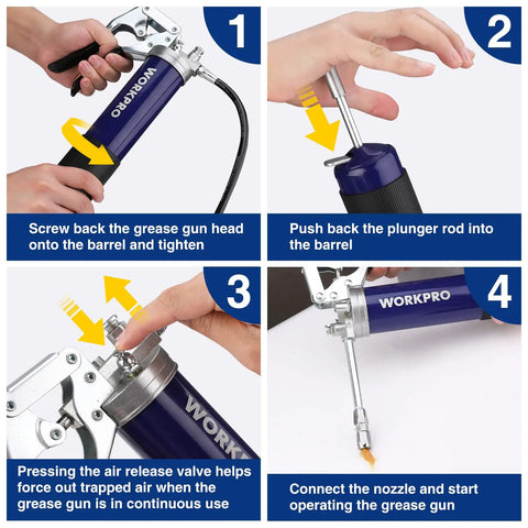 Instructions for using Heavy Duty Grease Gun Kit With 6000 PSI Power, 18 Inch Flexible Hose, 2 Fixed Tubes, 3 Nozzles, 14 Oz Load.