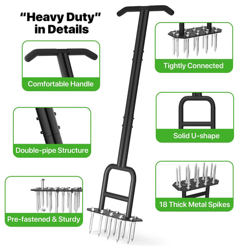 Heavy Duty Lawn Aerator Spike Tool With 18 Steel Spikes And 38.8 Inch Manual Handle For Grass And Yard Care, design details