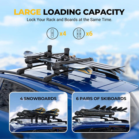 Heavy Duty Lockable Ski Racks With Slick Sliding Extension For Car Roof Secure Snowboard Transport Kit black finish with 4 boards on car.