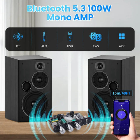 Bluetooth 5.3 Mono Amplifier Board with TWS Boost for Home and Outdoor DIY Speaker Builds, 100W Output, on table with speakers