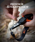 Hook sharpener tool in hand, Paradox 5.5 Inch Fishing Scissors With Serrated 3CR13 Japanese 420 Stainless Blades For Braided Line Mono And Fluorocarbon In Freshwater And Saltwater No Fuss Lightweight Durable Handle For Easy On The Go Cuts