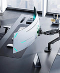 Heavy Duty Monitor Arm for 24 to 57 Inch Screens, built from aluminum, holding a curved monitor on a modern desk setup.